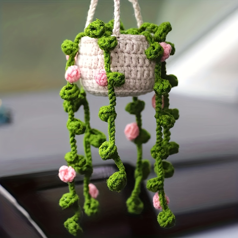 Cute Potted Plant Crochet Hanging Basket, Boho Basket Knitted Rear View Car  Mirror Hanging Accessories, Funny Wool Crochet Plant