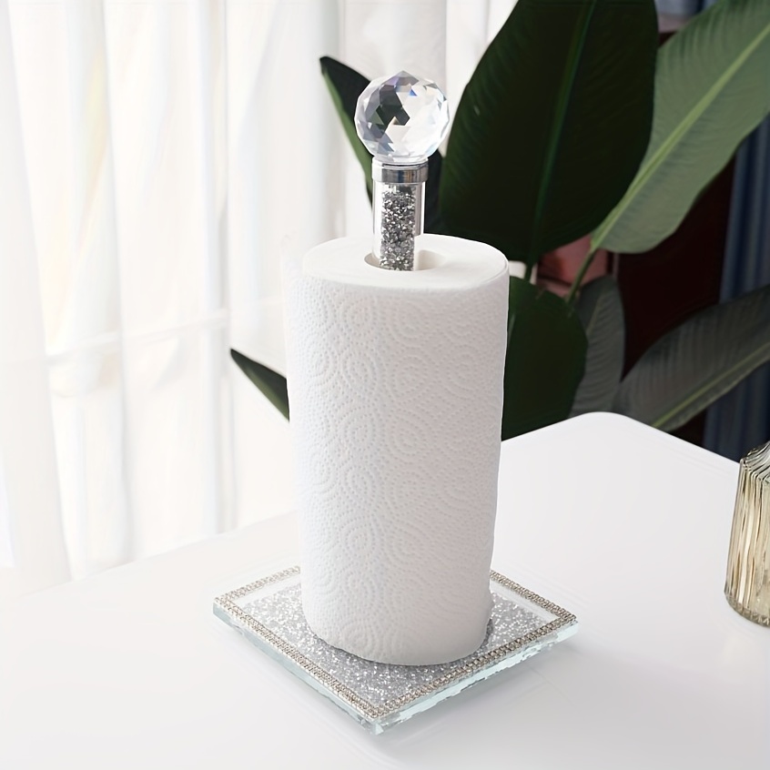 Paper Towel Holder Stand, Silver Countertop Paper Towel Roll Dispenser  Holders with Square Base,Tissue Holder Filled with Sparkly Crystal Crushed