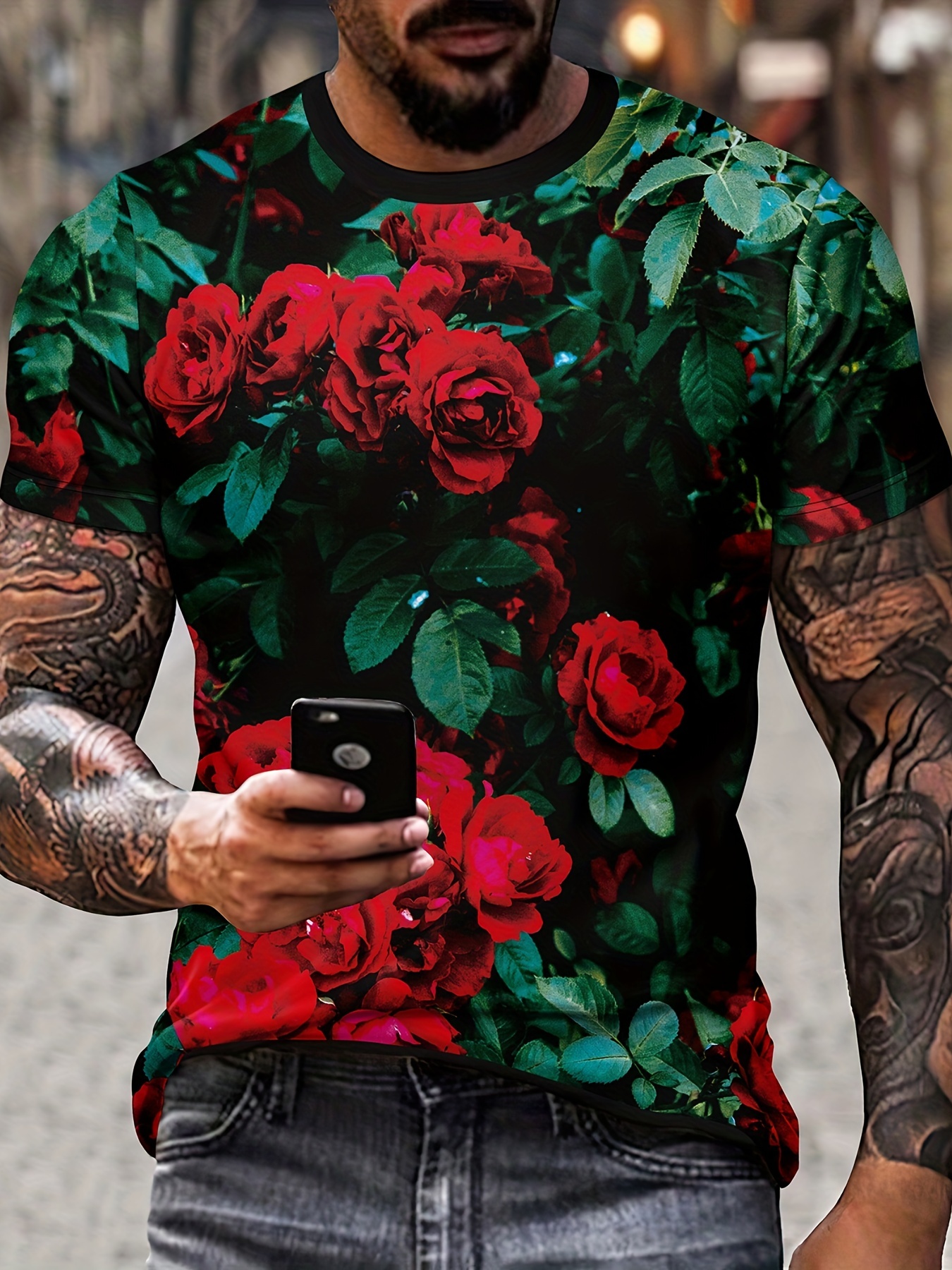 Plus Size Men's Rose Pattern Graphic Tees, Summer Comfy T-shirts