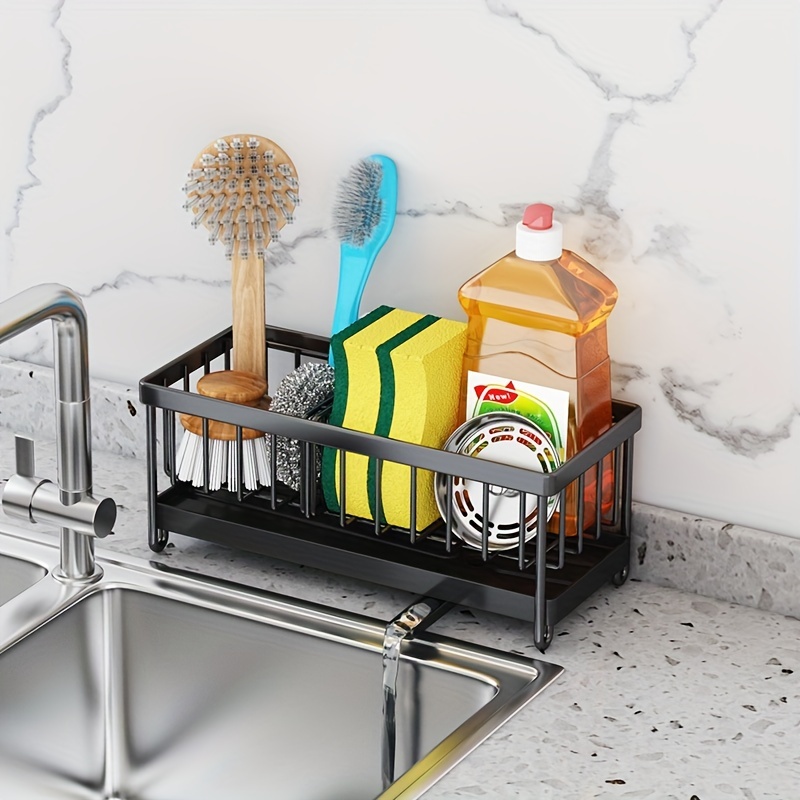 Sink Caddy Sponge Drain Rack, Kitchen Sink Organizer with Divider, Sponge  Holder for Countertop, Dish Tools Storage for Soap, Scrubber, Sink Stopper,  Dish Brush, Black