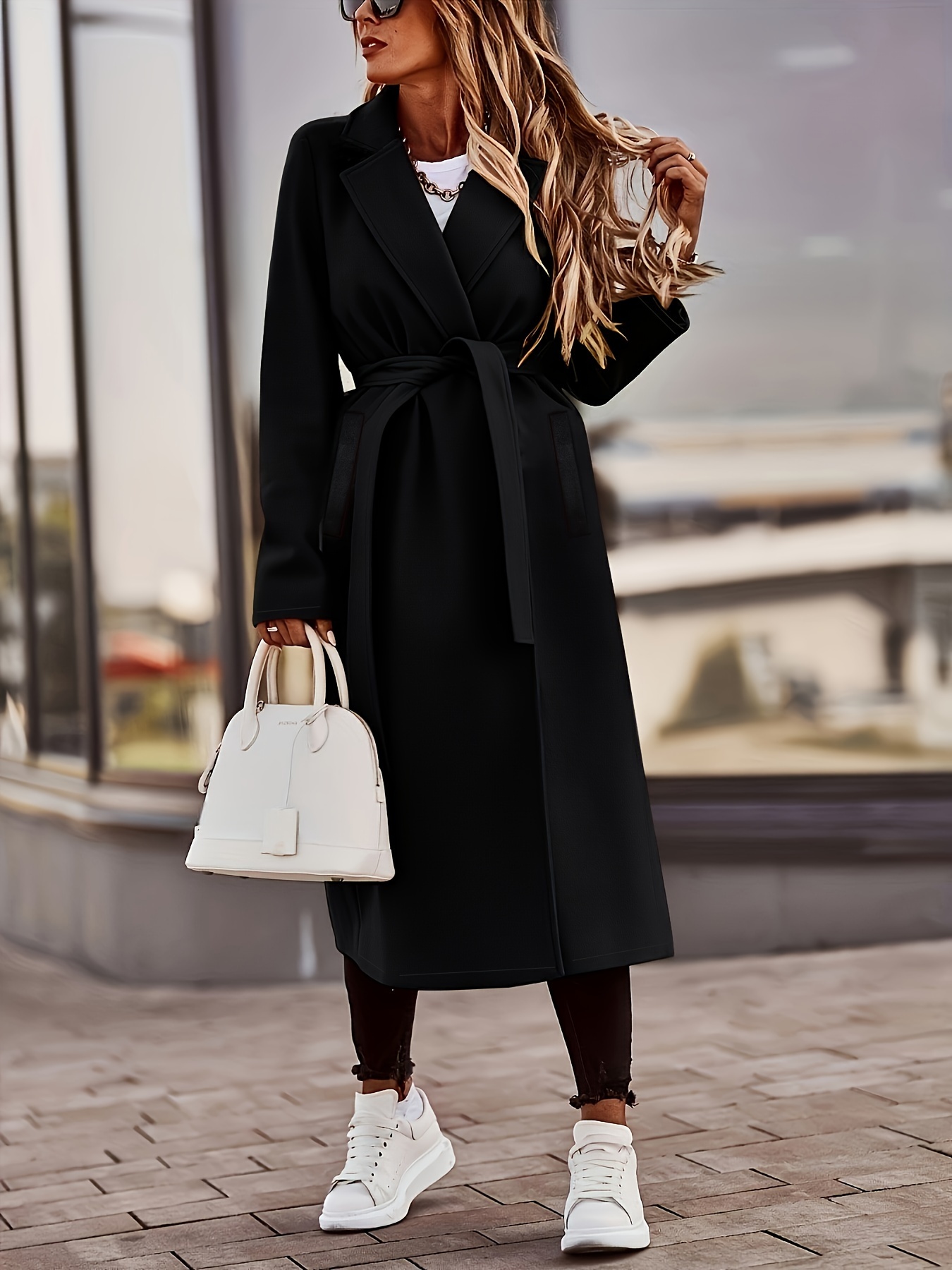 Abrigo elegante de talla * abrigo de lana largo con solapa y mangas largas  para mujer con bolsillos