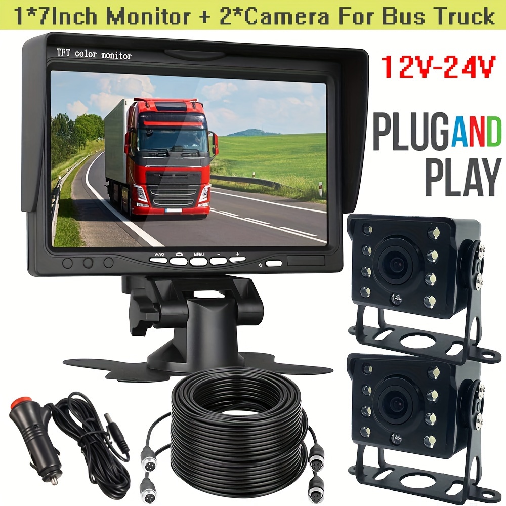 Sistema de monitor de cámaras de respaldo para vehículos de 12 V/24 V, 4  cámaras HD 1080P de visión trasera frontal + 7 pulgadas Quad Split 4CH