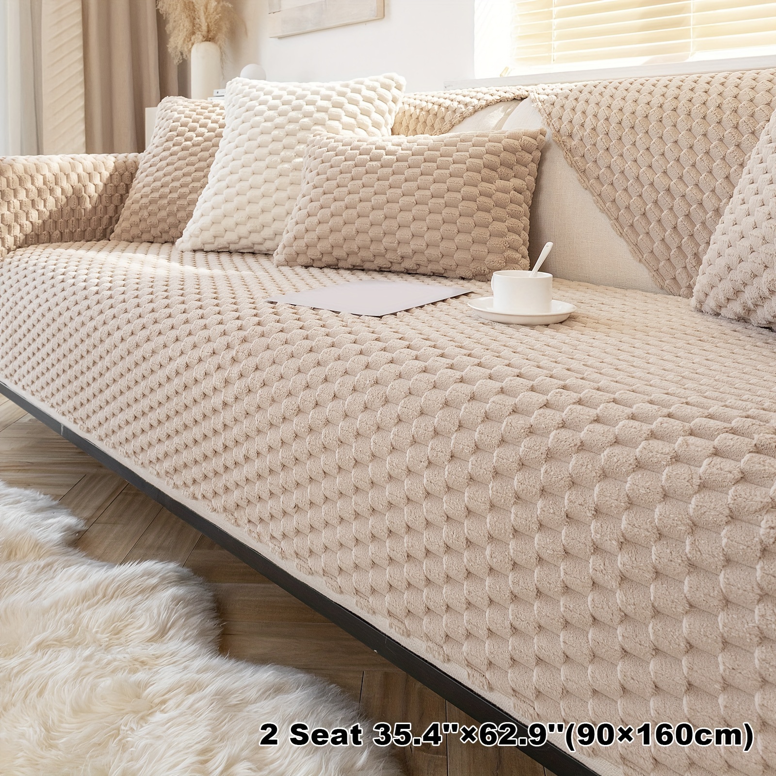 Image of 1pc Honeycomb Velvet Sofa Cushion, , Dog-friendly, Sofa Couch Cover, Thick Plush Seat Cushion Protector, Fuzzy Non-slip Sofa Slipcover, Furniture Protector, For Bedroom Office Living Room Decor