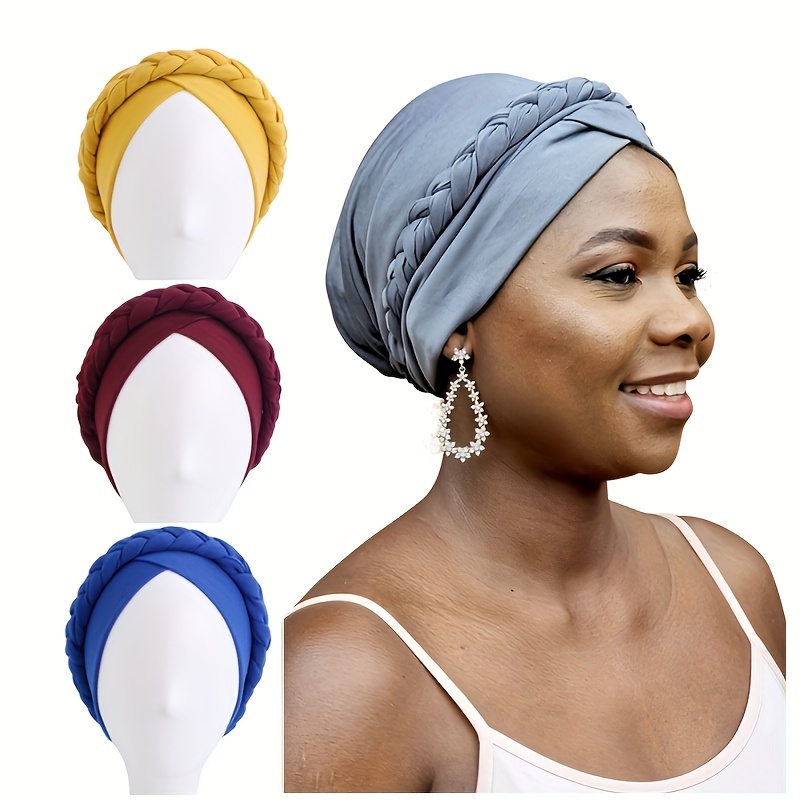 

Solid Color Braided Turban Forehead Cross Pre-tied Head Wrap Elastic Hijab Bonnet Women Chemo Hats