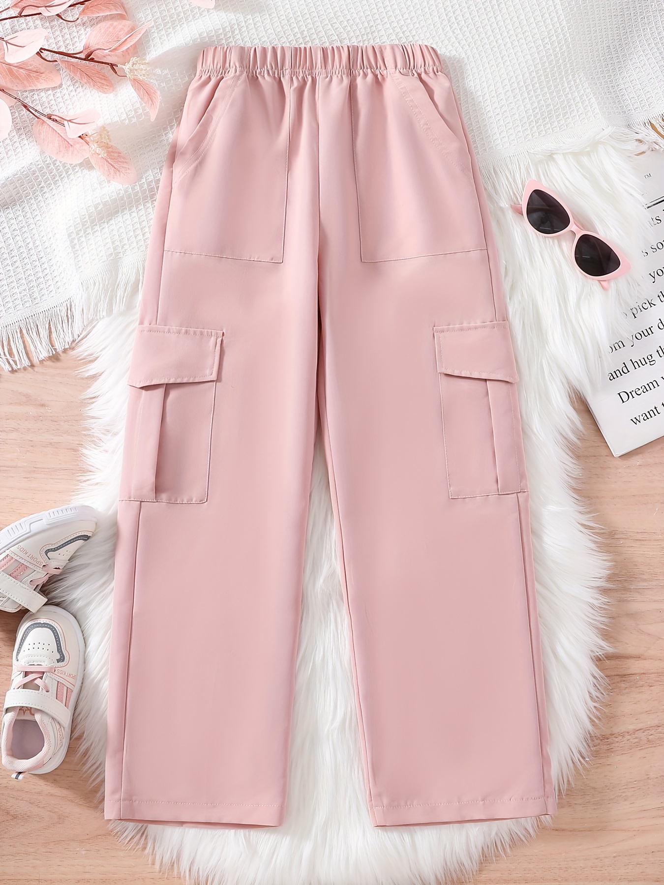 Women Workplace Trousers with Belt Casual Versatile Straight Leg Pants  Temperament Elegant Pants with Pockets (Pink, L)