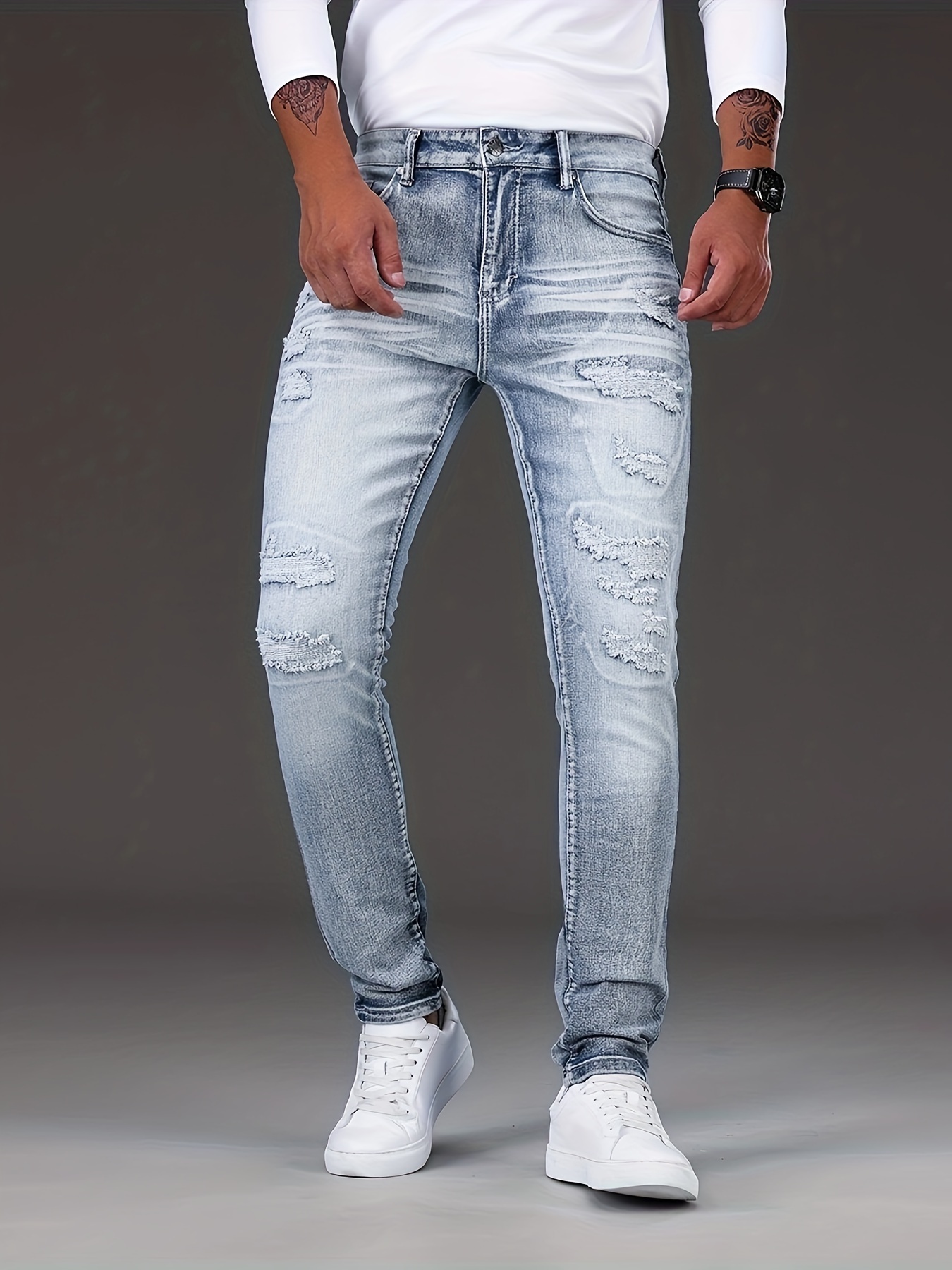 Men\'s Slim Fit Biker Jeans Men\'s Casual Street Style - Temu | Slim-Fit Jeans