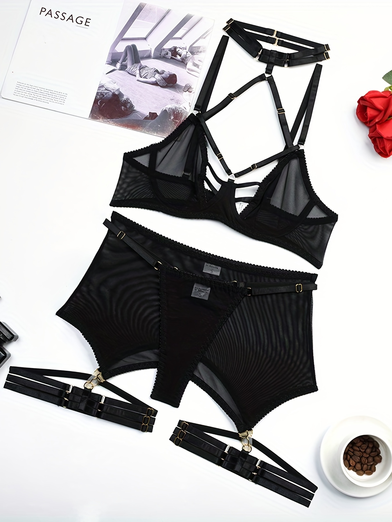 Conjunto de lingerie gótica com tiras sutiã mergulhador - Temu