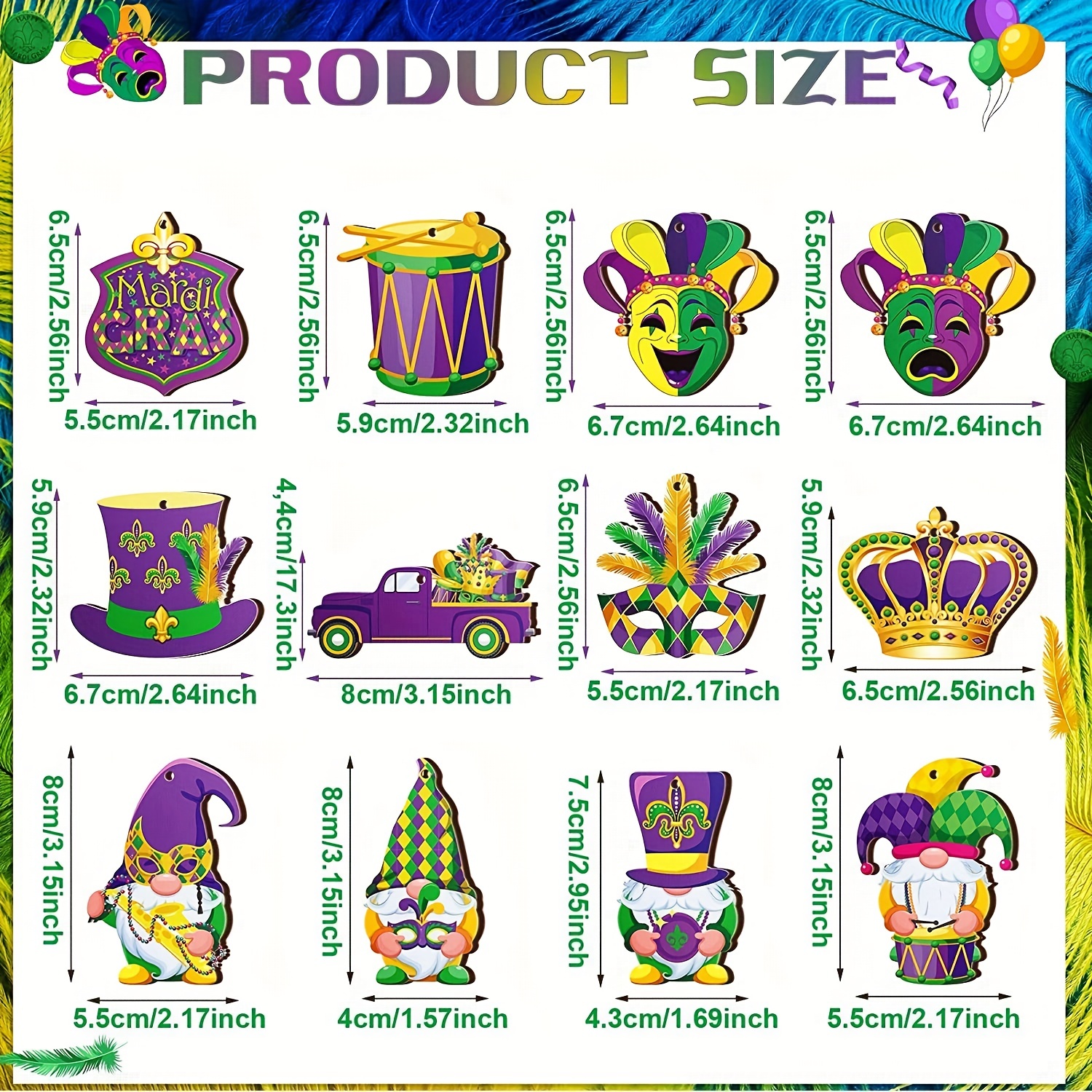 36pcs/set Mardi Gras Wooden Ornaments Purple Yellow Green Hanging Ornaments  Tree Gnome Crown Mask Wooden Decorations