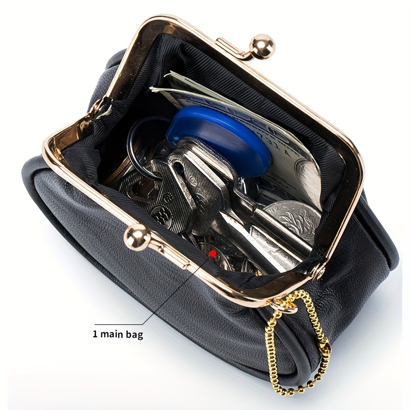 Vintage Kiss Lock Coin Purse, Genuine Leather Storage Bag, Women's