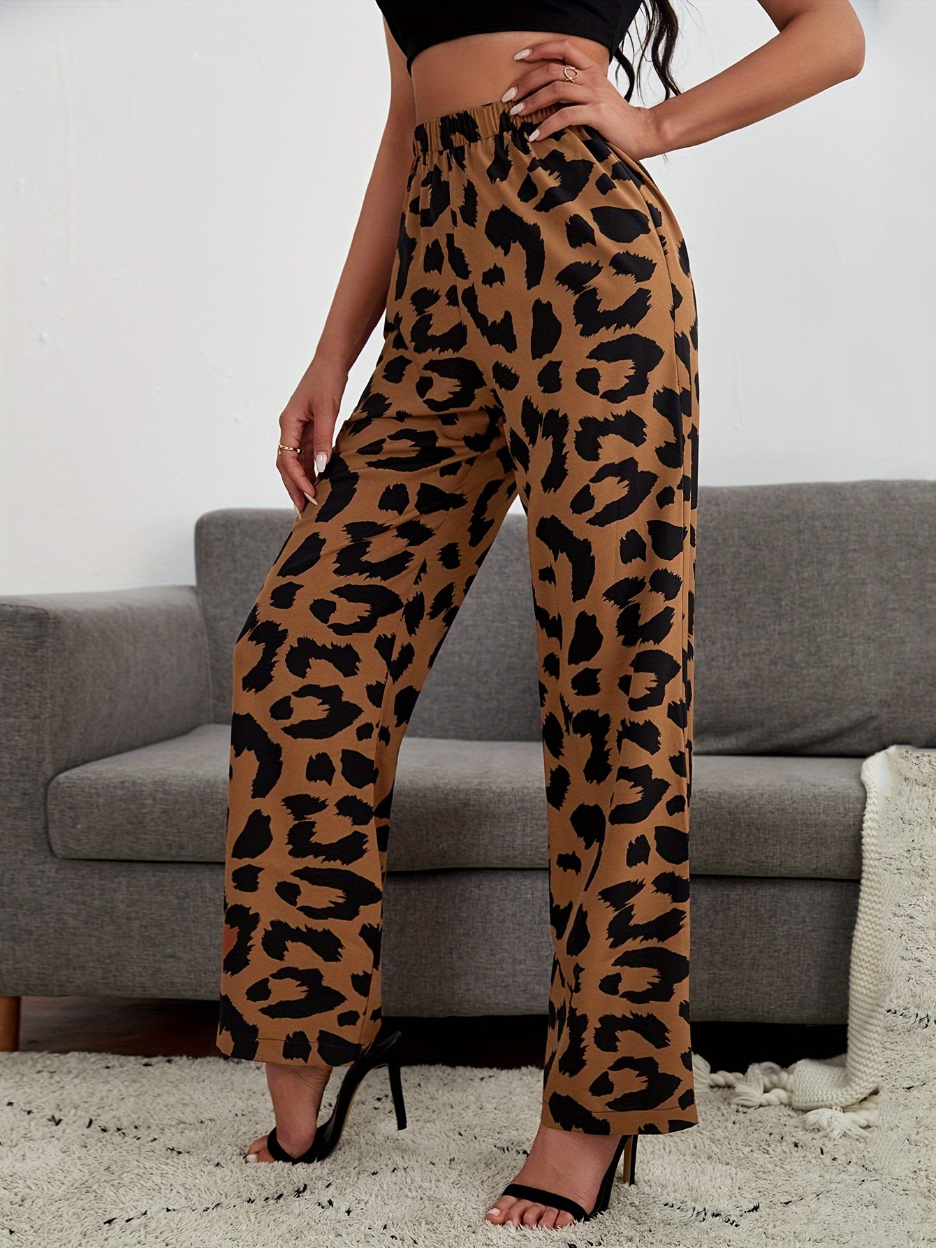 Leopard Print High Waist Pants Vintage Straight Leg Pants - Temu