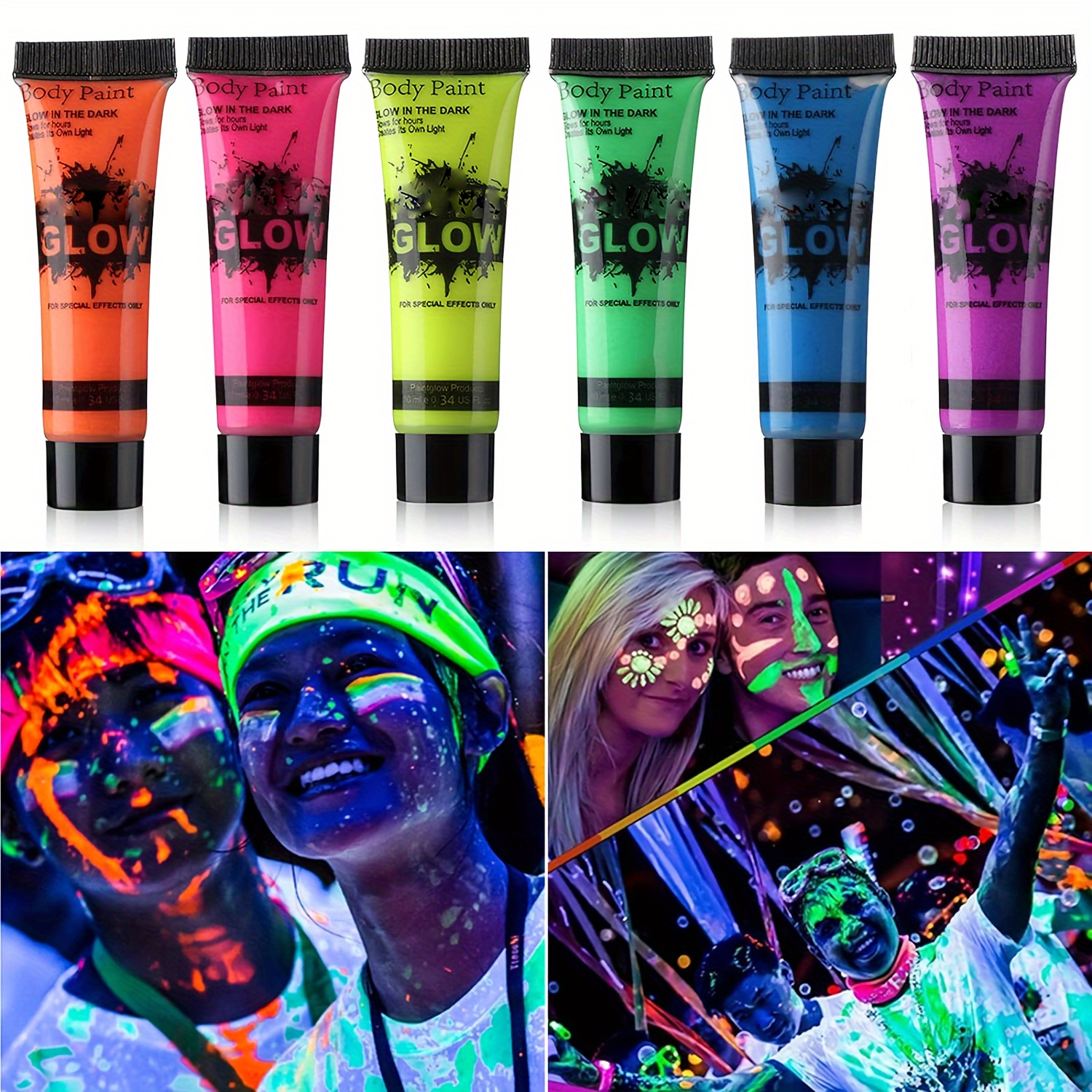 Neon Glow In The Dark Face And Body Paint Party 6pcs UV Reactive