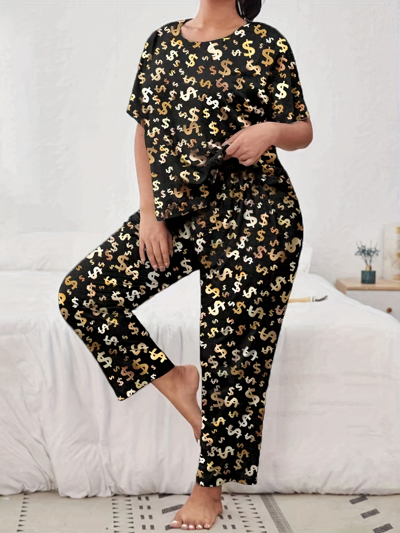 Plus Size Casual Pajamas Set Women's Plus Dollar Print Short - Temu Canada