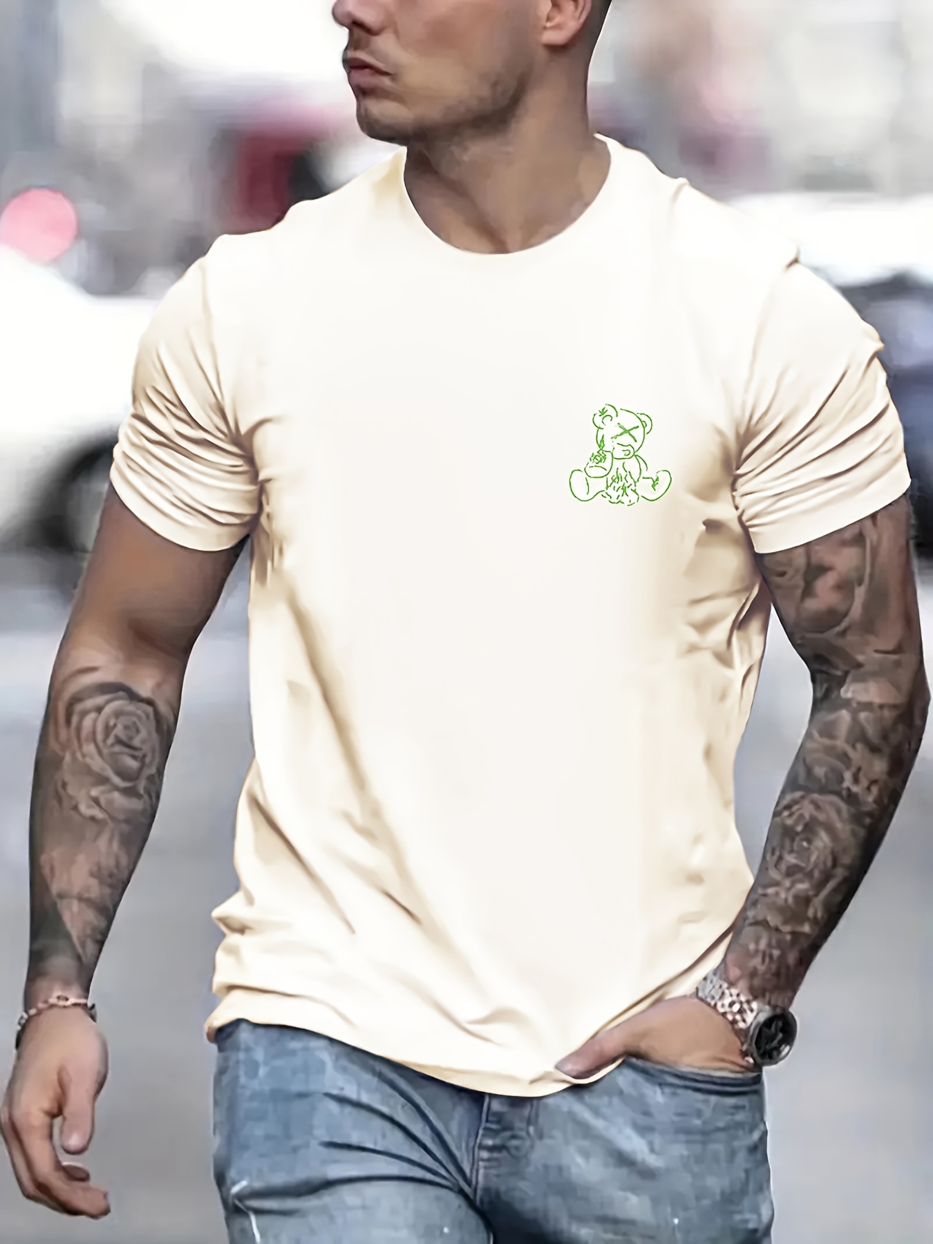 Men's Rich Teddy Bear Print Casual Round Neck Short Sleeve T-shirt - Temu