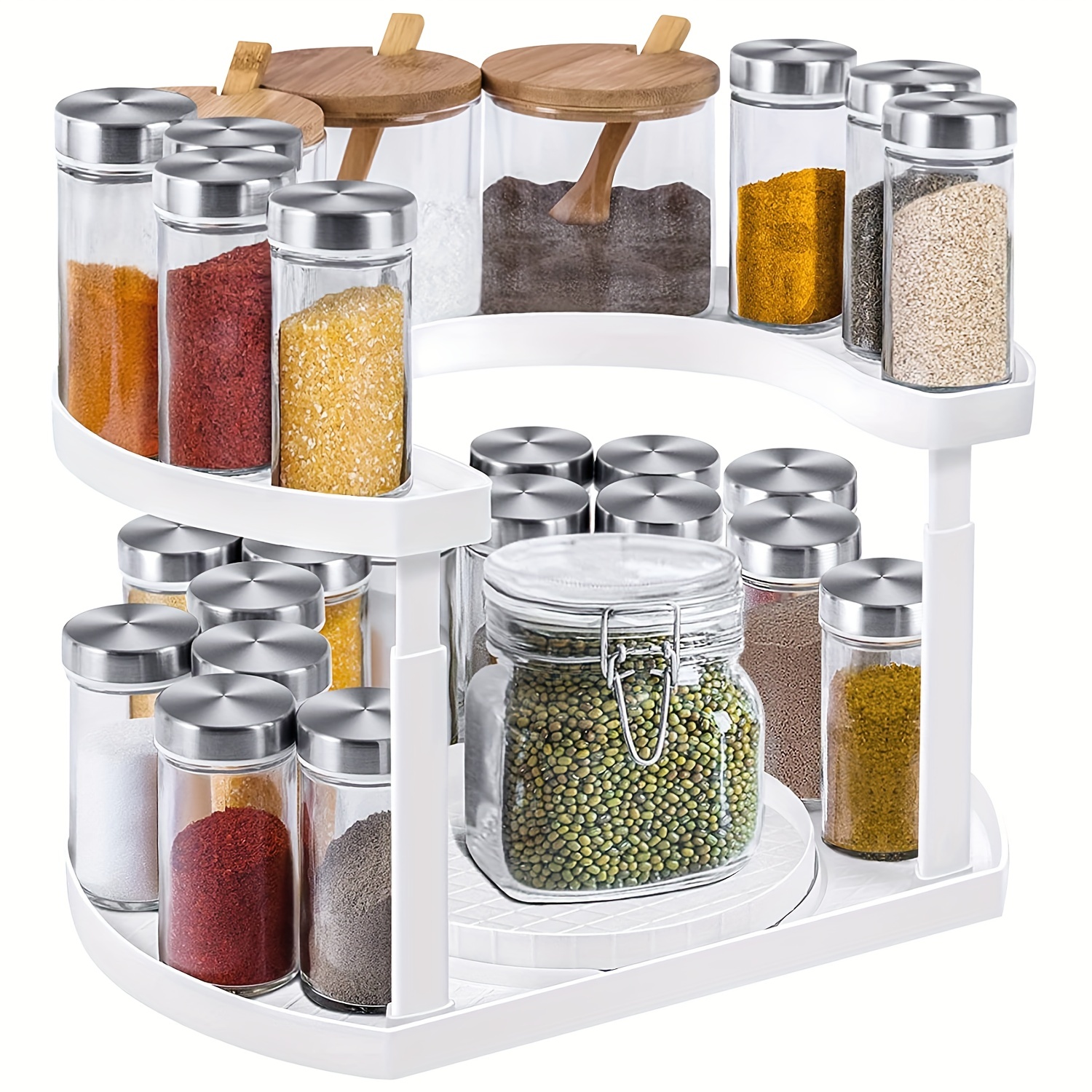 Kitchen Spice Jars Rack Lazy Susan 2 Tiers Seasoning Storage