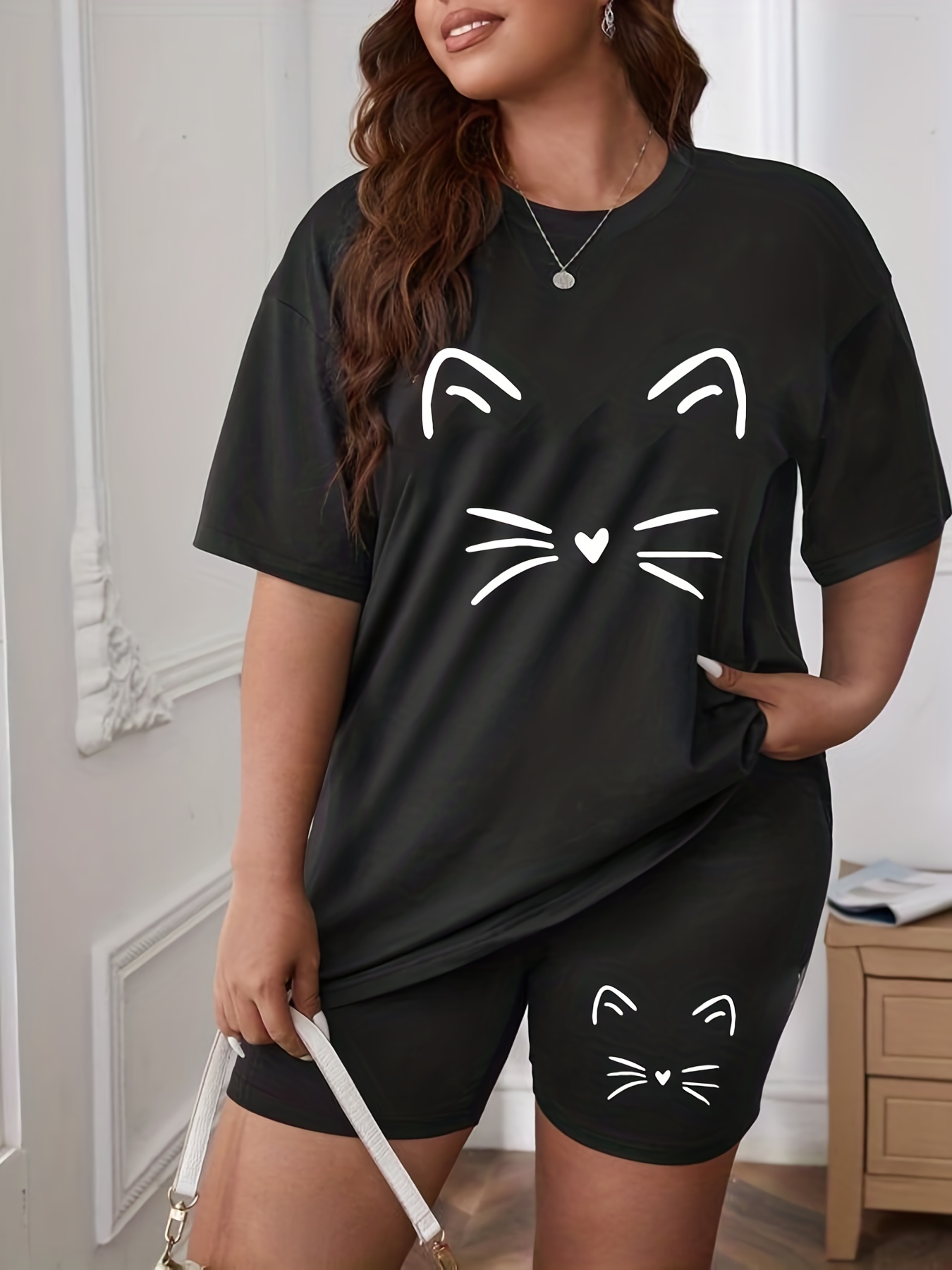 Plus Size Casual Outfits Set Women's Plus Cute Cat Print - Temu