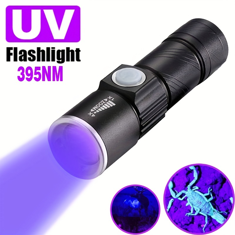 1pc UV Flashlight, 395nm USB Rechargeable Mini LED UV Black Light,  Flashlight Scalable Black Light Detector, For Pet Urine, Stains, Amber,  Cured Epoxy