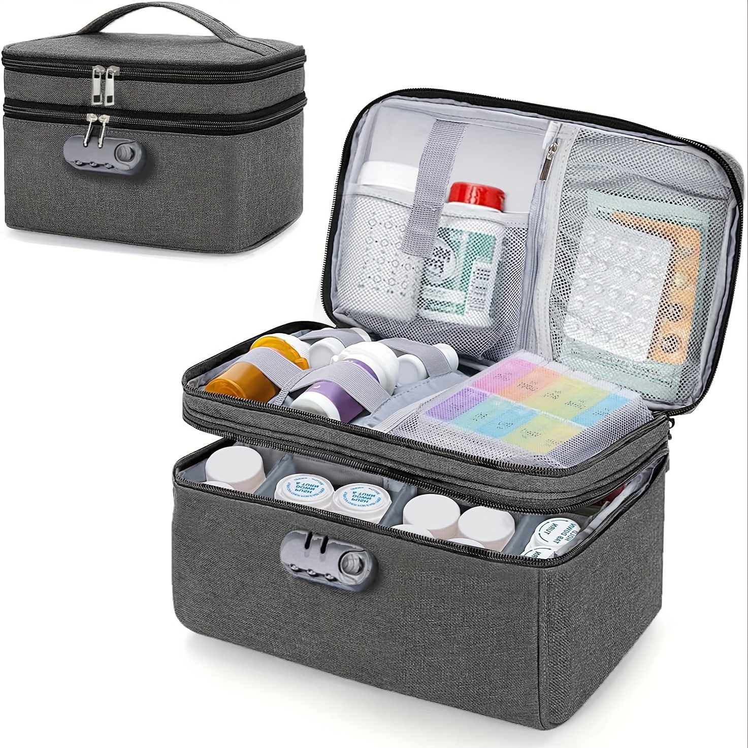 CURMIO Medicine Storage Bag Empty Lockable Pill Bottle Organizer with  Portable Zippered Pouches for First Aid Kits Medicine Box for Home and  Travel Gray (Patent Pending)