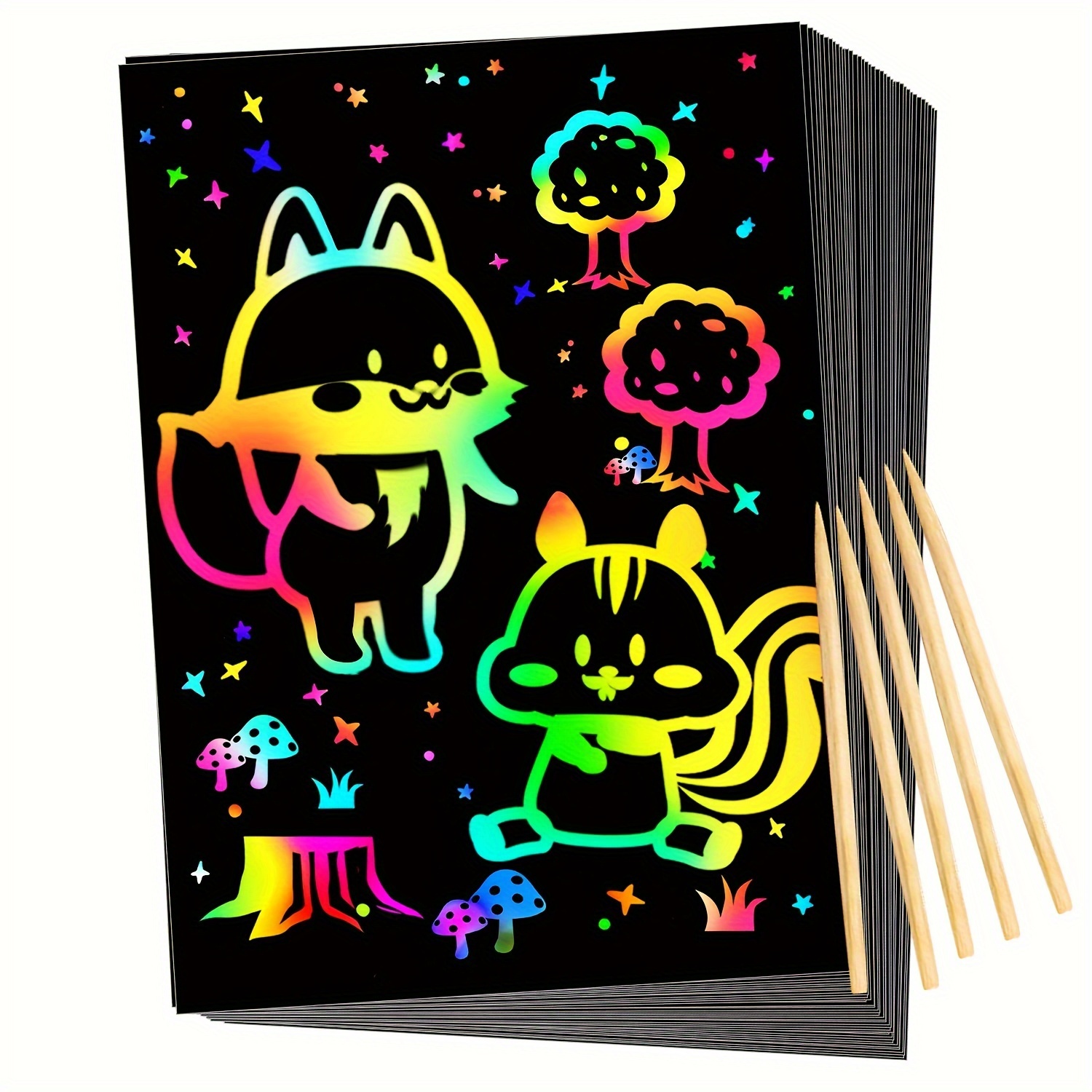

60pcs/set, Scratch Paper Art Set, Rainbow Magic Scratch Paper Black Scratch Off Art Crafts Kits Notes With 5 Wooden Stylus Halloween Party Game Christmas Birthday Gift