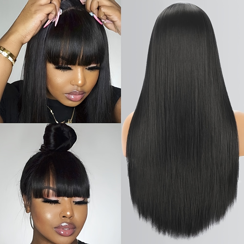 Bangs Straight Wave Wig 100 Human Hair Women None Lace Temu