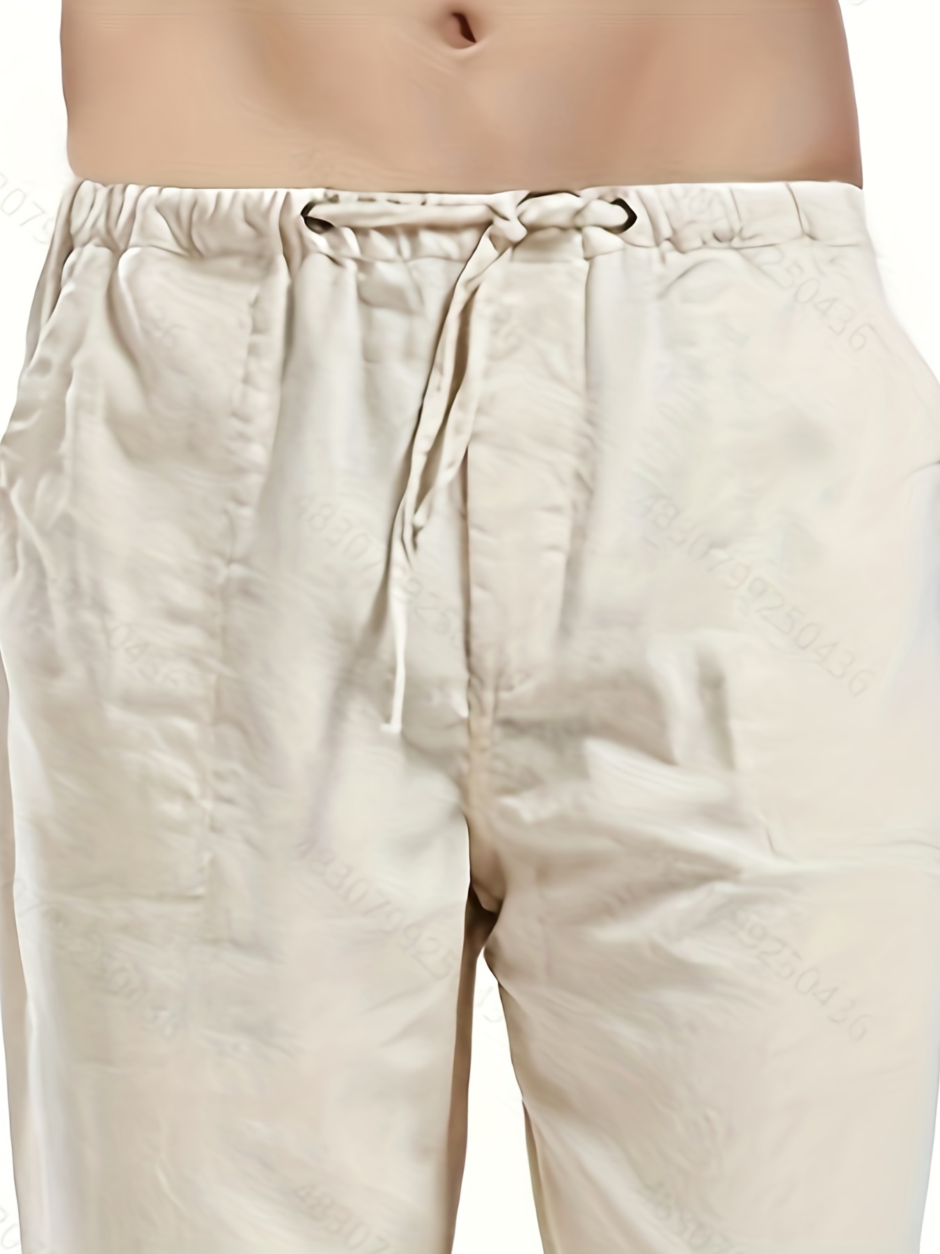 Men's Elastic Waist Pants Solid Slouch Trousers, Slash Big Pockets,  Drawstring, Loose Fit, Cotton-linen Blend