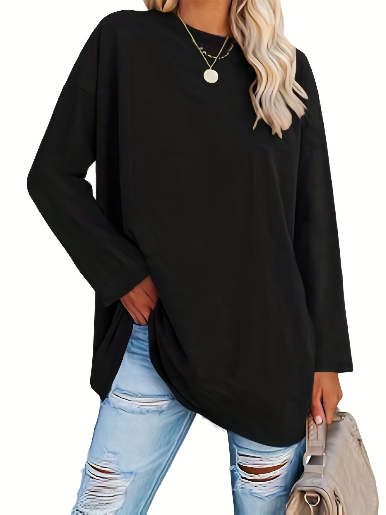 Solid Long Sleeve T shirts Oversized Crew Neck Top Women's - Temu