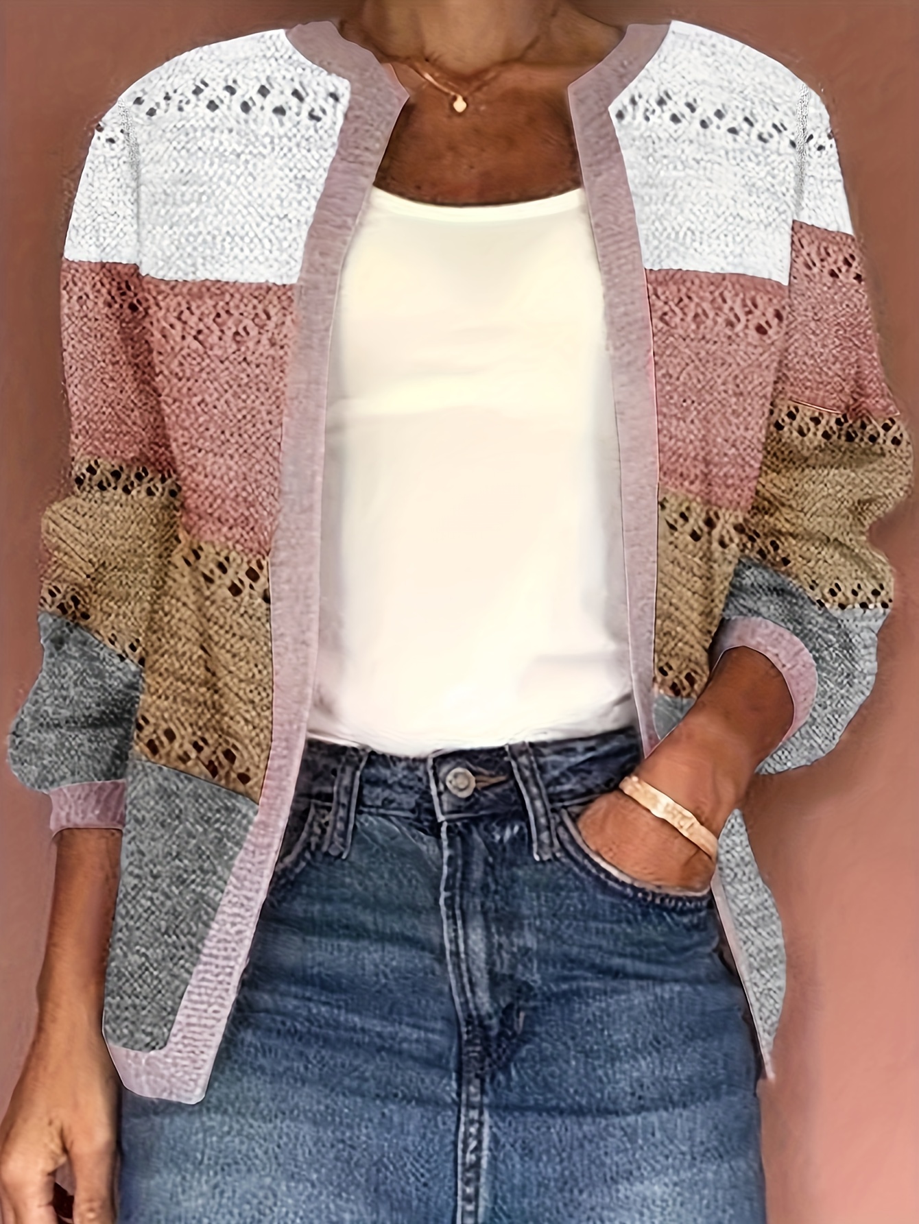 Color Block Eyelet Knit Cardigan, Casual Open Front Long Sleeve