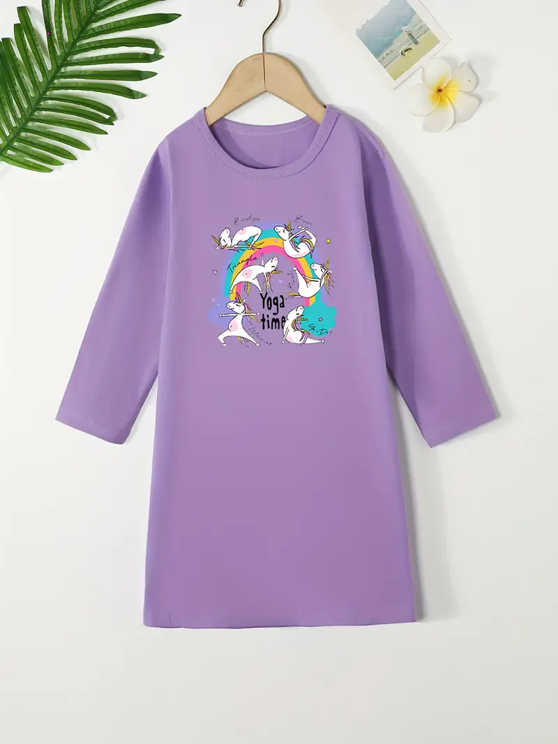 Girl's Unicorn Pattern Dress Yoga Time Print Long Sleeve - Temu