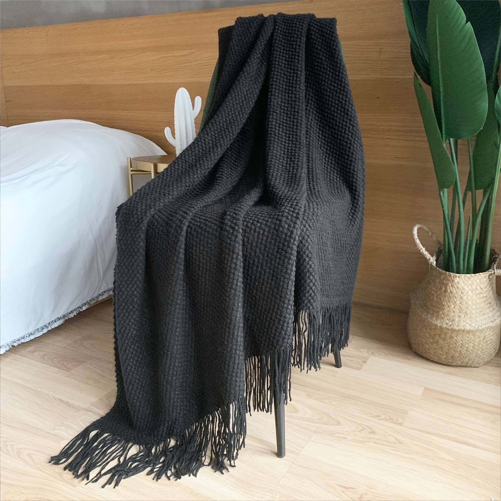 Black Throw Blanket Tassels Bubble Textured Lightweight Temu