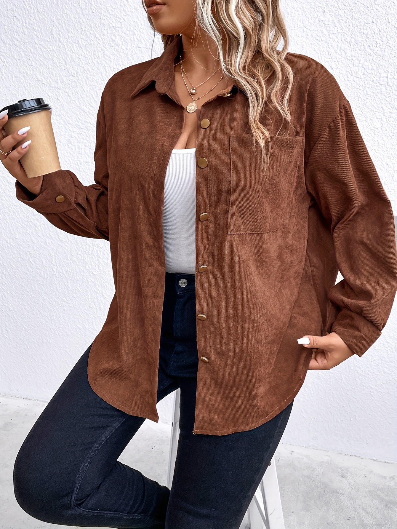 Plus Size Casual Blouse with Solid Corduroy Long Sleeve