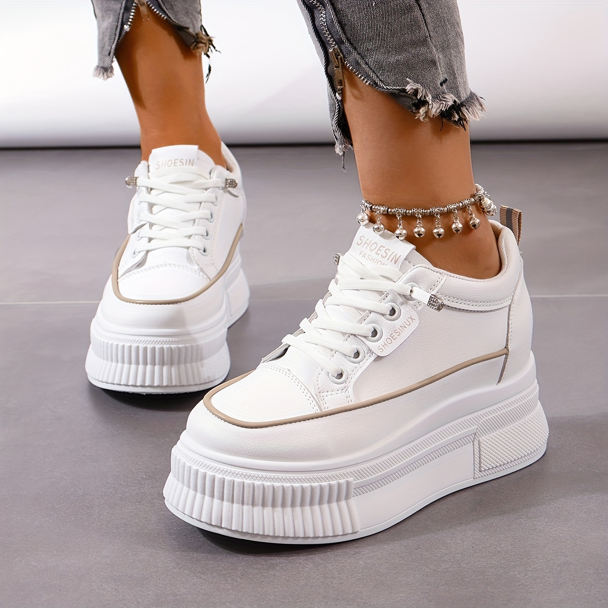 Women's Waterproof Non Slip Lace Up Sneakers, Low Top Thick Soled Platform  Walking Shoes, Fashion Height Increased Casual Sneakers