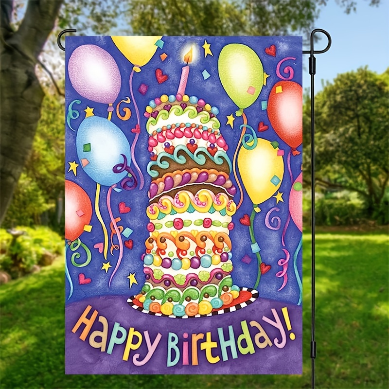 

1pc, Happy Birthday Garden Flag (12inx18in/30.48cmx45.72cm), Birthday Cake Burlap Vertical Double-sided Flag, Home Decor, Birthday Decor