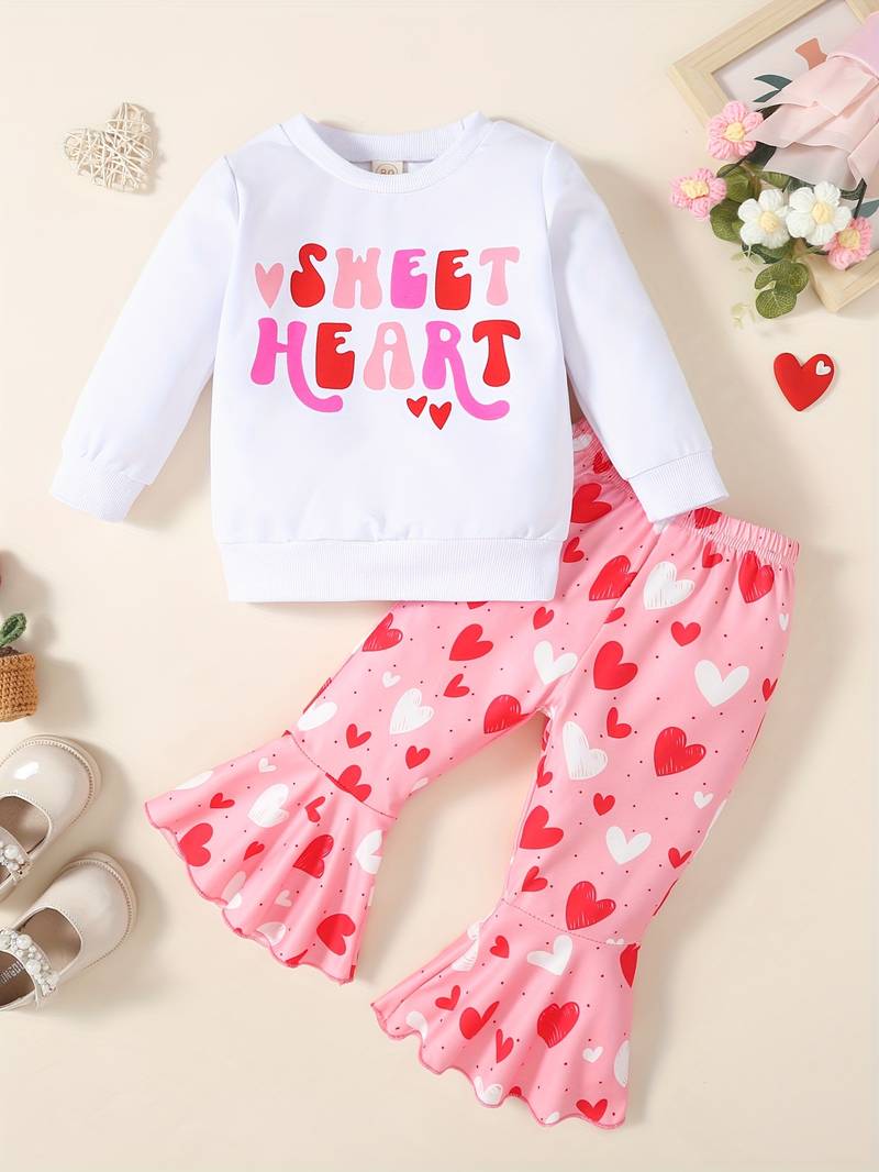 Toddler Girl Outfit Set - White Bow Sweatshirt & Pink Bell Bottom Pants 2-Piece