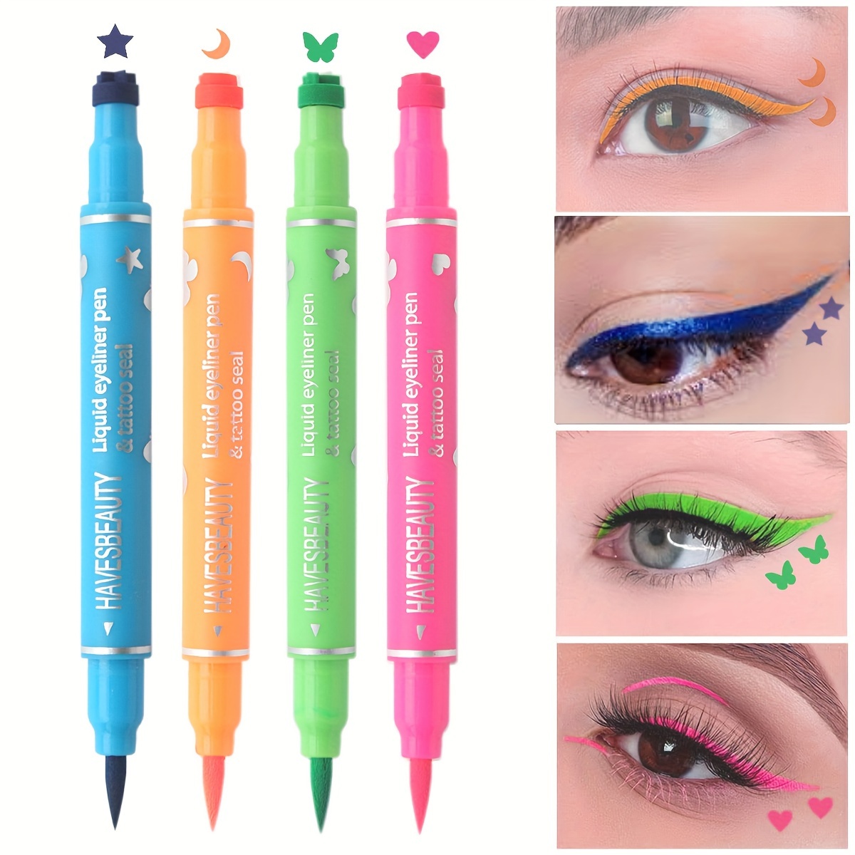 

Liquid Stamp Eyeliner Set Of 4 - Waterproof Colored Gel Felt Tip Eyeliners With Star, Heart, Moon, Butterfly Stamps - Mixed Color System Slim Wingliner Shapes For Creative Makeup Styles