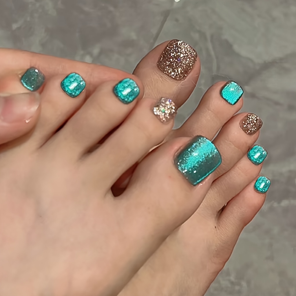 Glossy Rhinestone Pearl Press On Toe Nails - Full Cover Square