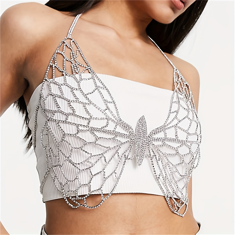 Hollow Crop Top Bra Chest Chain Inlaid Shiny Rhinestone Sexy - Temu