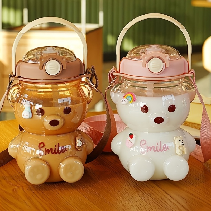 Cute Bear Water Bottle With Straw And Lanyard Perfect For - Temu