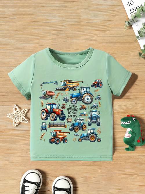 T-shirt Met Korte Mouwen En Cartoon Tractorprint Voor Jongens, Kinderen, Casual Ronde Hals, Comfortabele Zomeroutdoorkleding