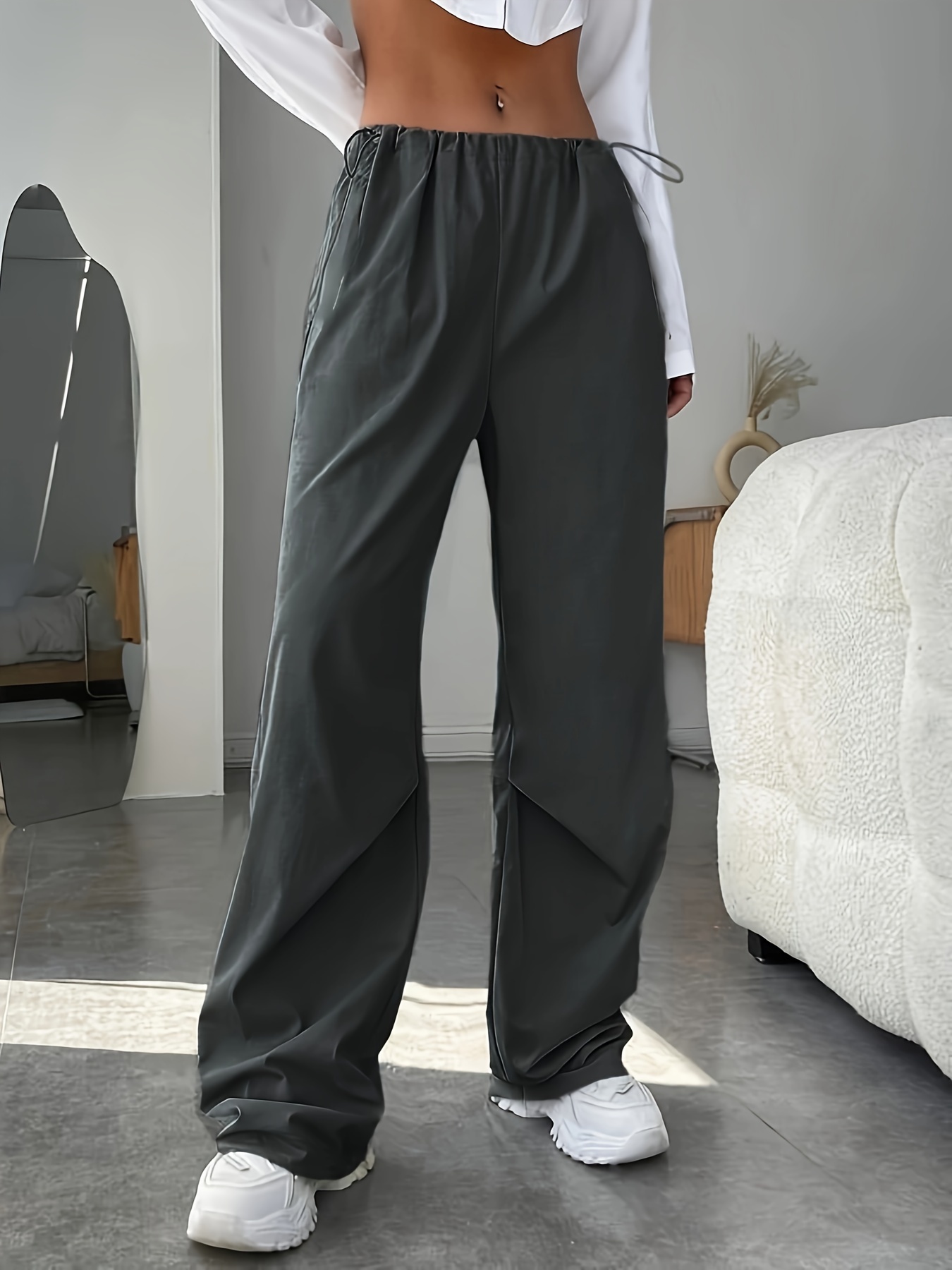Solid Slim Flare Leg Sweatpants Casual Drawstring Pocket - Temu
