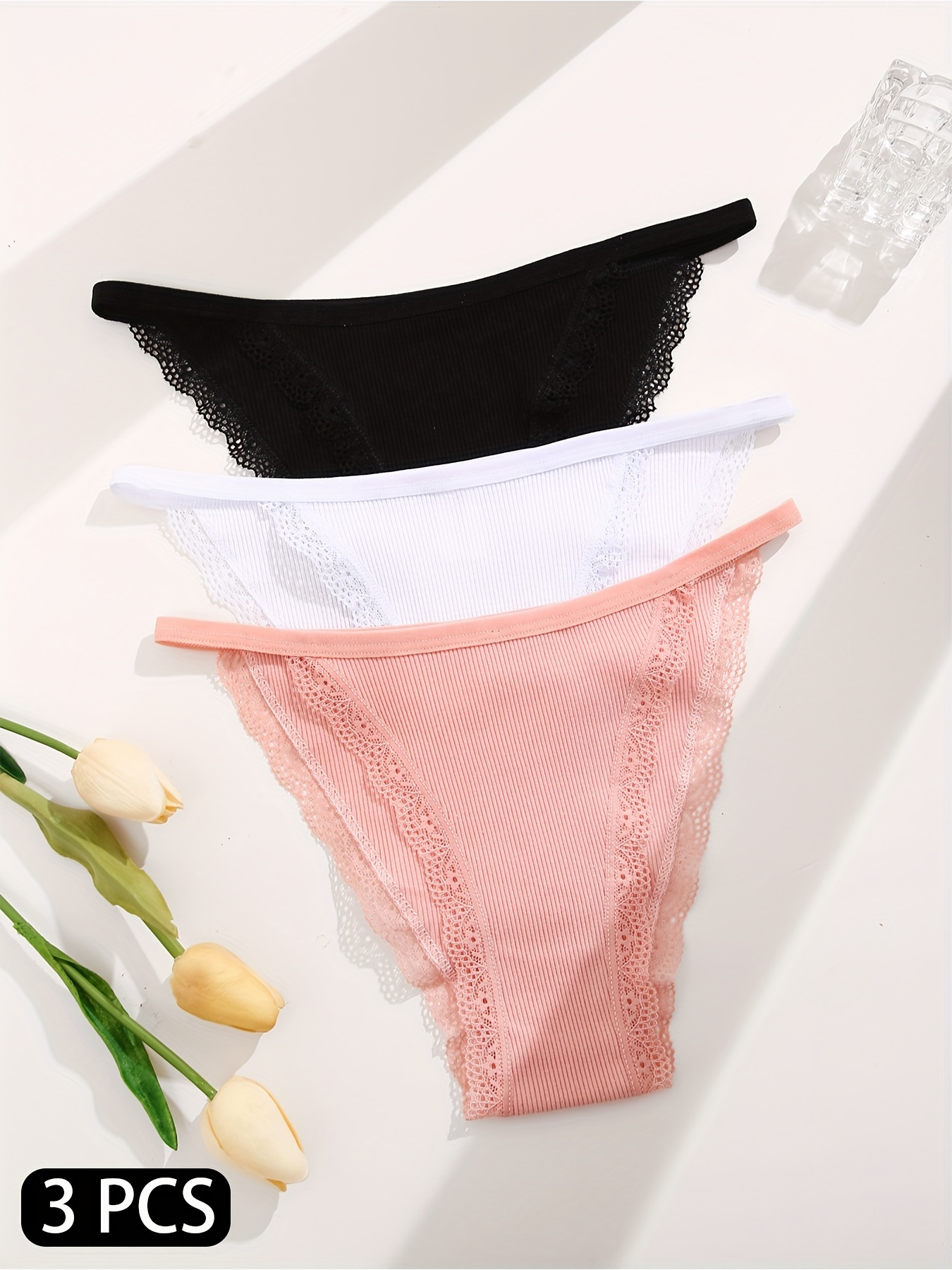Contrast Lace Briefs Soft Comfy Scallop Trim Ribbed Panties - Temu