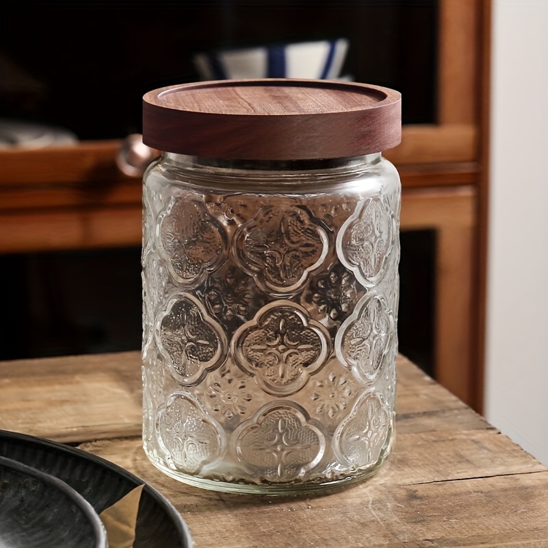 Recipiente de vidrio transparente para almacenamiento de alimentos con  tapas de madera herméticas, recipientes de almacenamiento herméticos para