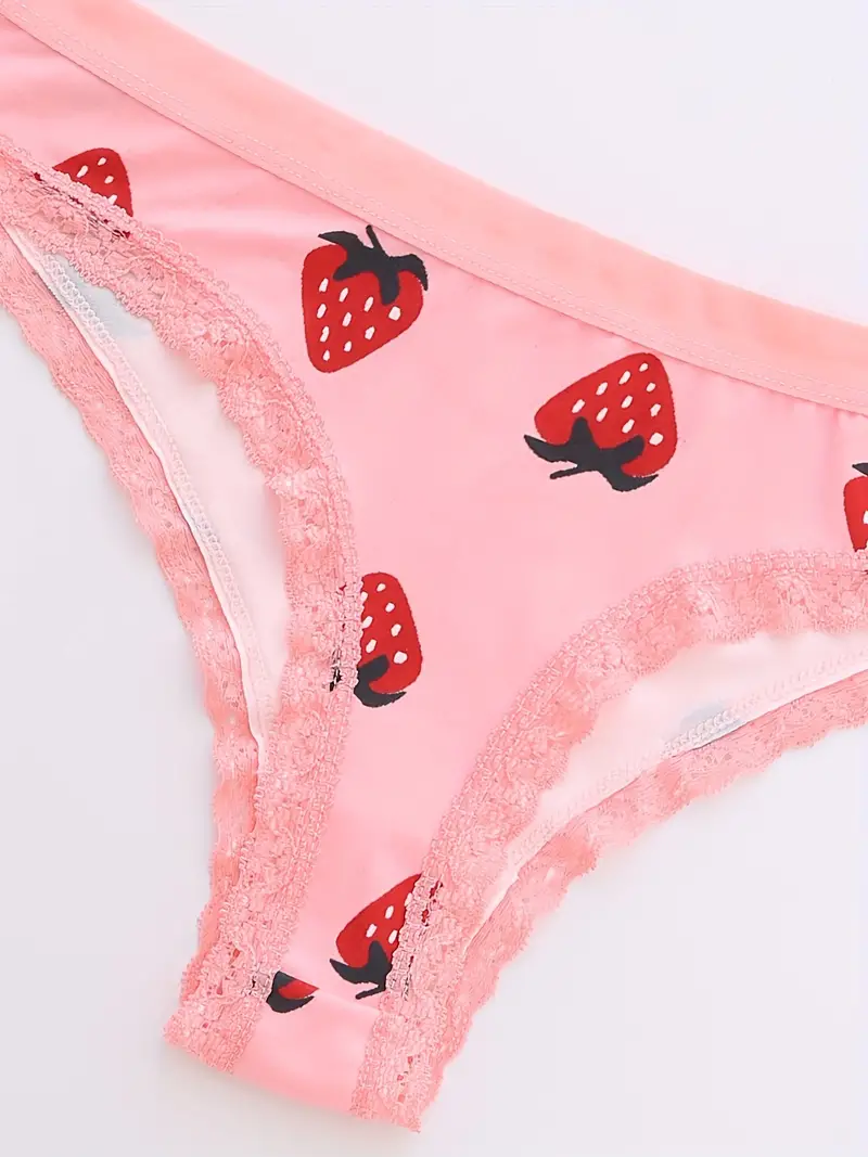 Fruit Print Thongs Cute Low Waist Contrast Lace Stretchy - Temu