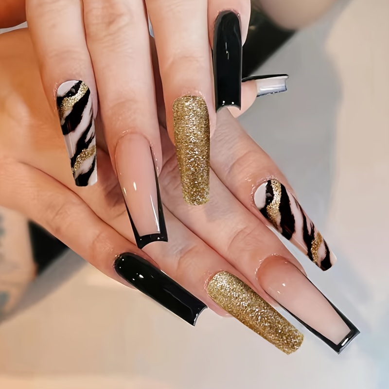 Long Luxury Rhinestone Fake Nails Black French Tips Press On False Nails  Natural Full Cover Coffin Artificial Fake Nails For Women Girls, Halloween  Nails - Temu