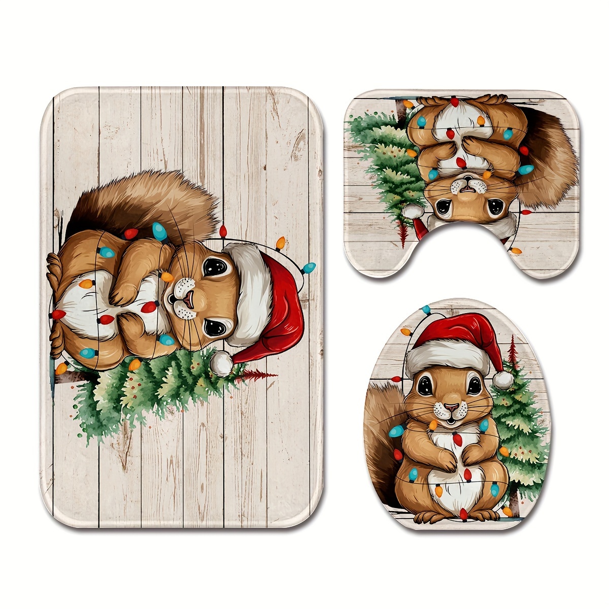 

3pcs/set Christmas Squirrel Printed Floor Mat, Three-piece Bathroom Mat Set, Non-slip Mat, Water-absorbent Mat, Toilet Lid Mat, Toilet U-shaped Mat, Floor Rugs