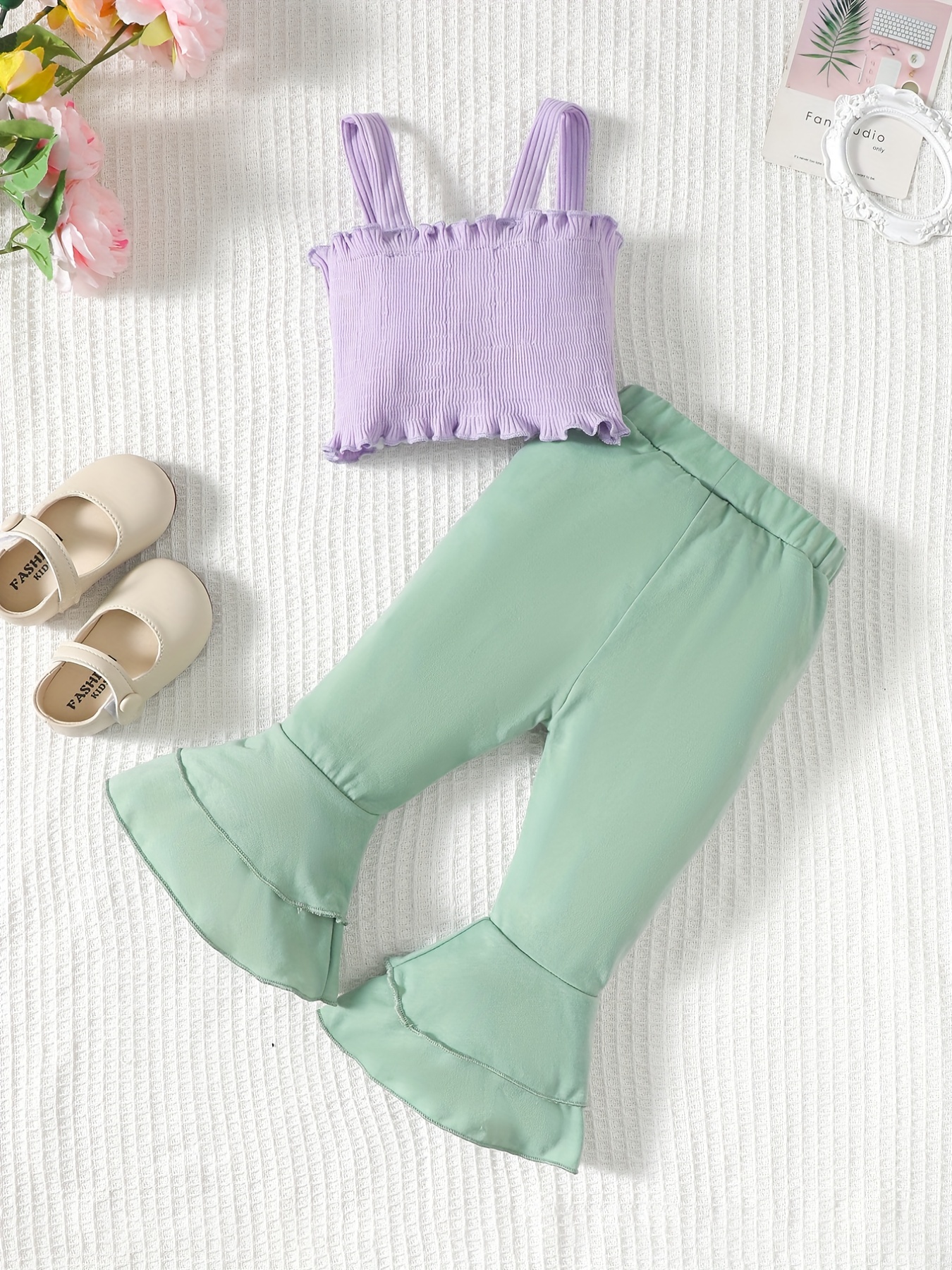 Girls Stylish Suspender Bow Knit Crop Top & Green Flared Pants