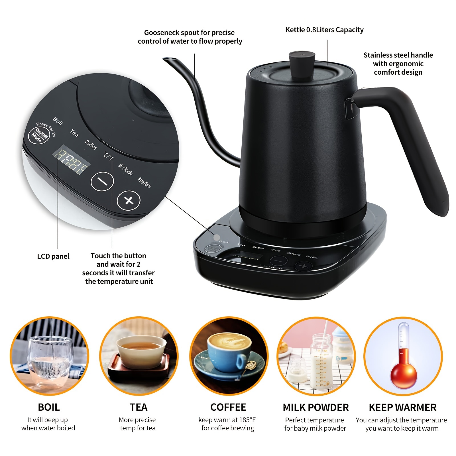 Coffee Water Kettle 1000W Electric Gooseneck Temperature Control Teakettle  Pot