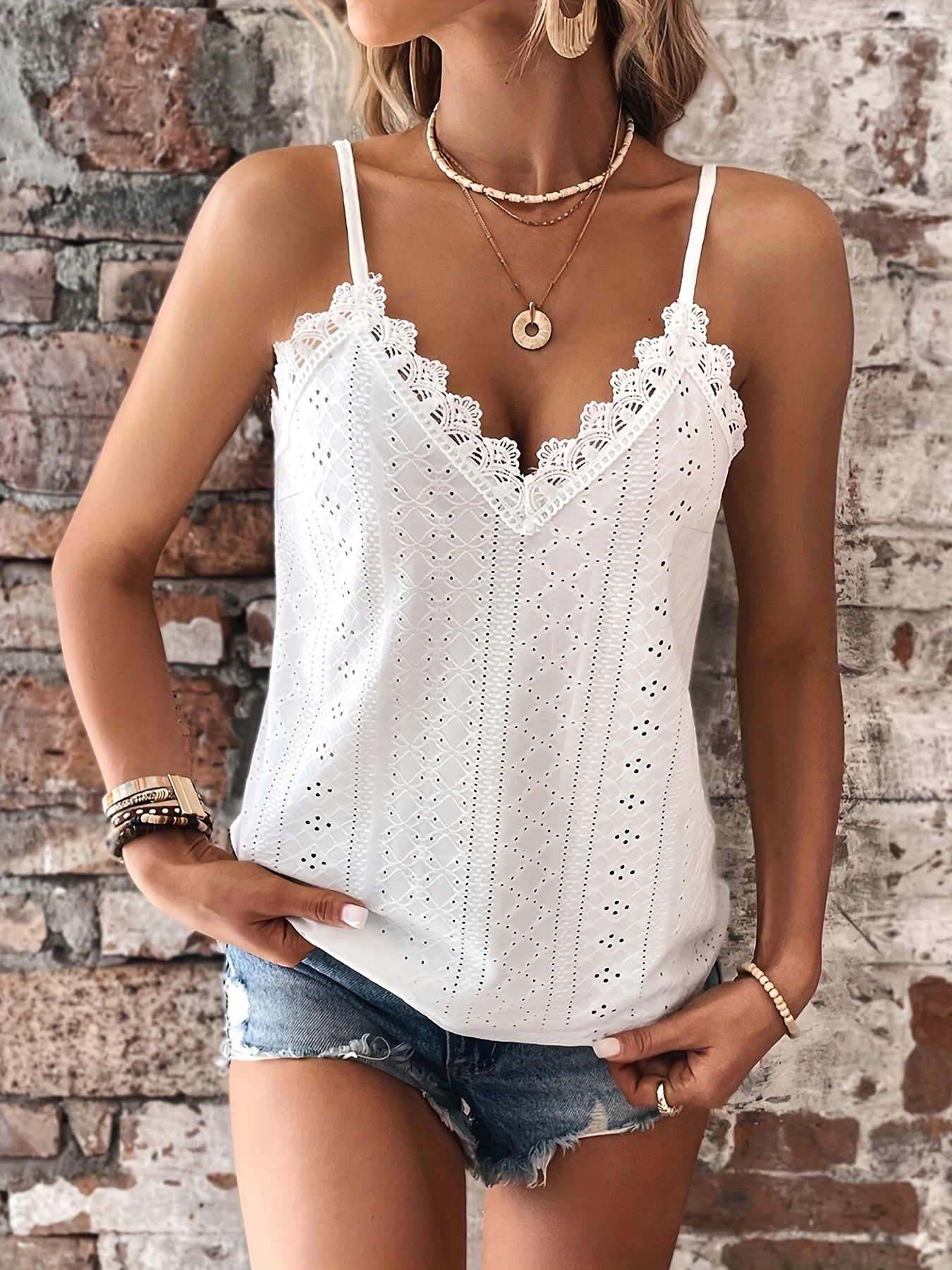 Contrast Lace Stripe Textured Spaghetti Strap Top, Casual V-neck Sleeveless  Cami Top For Summer, Women's Clothing