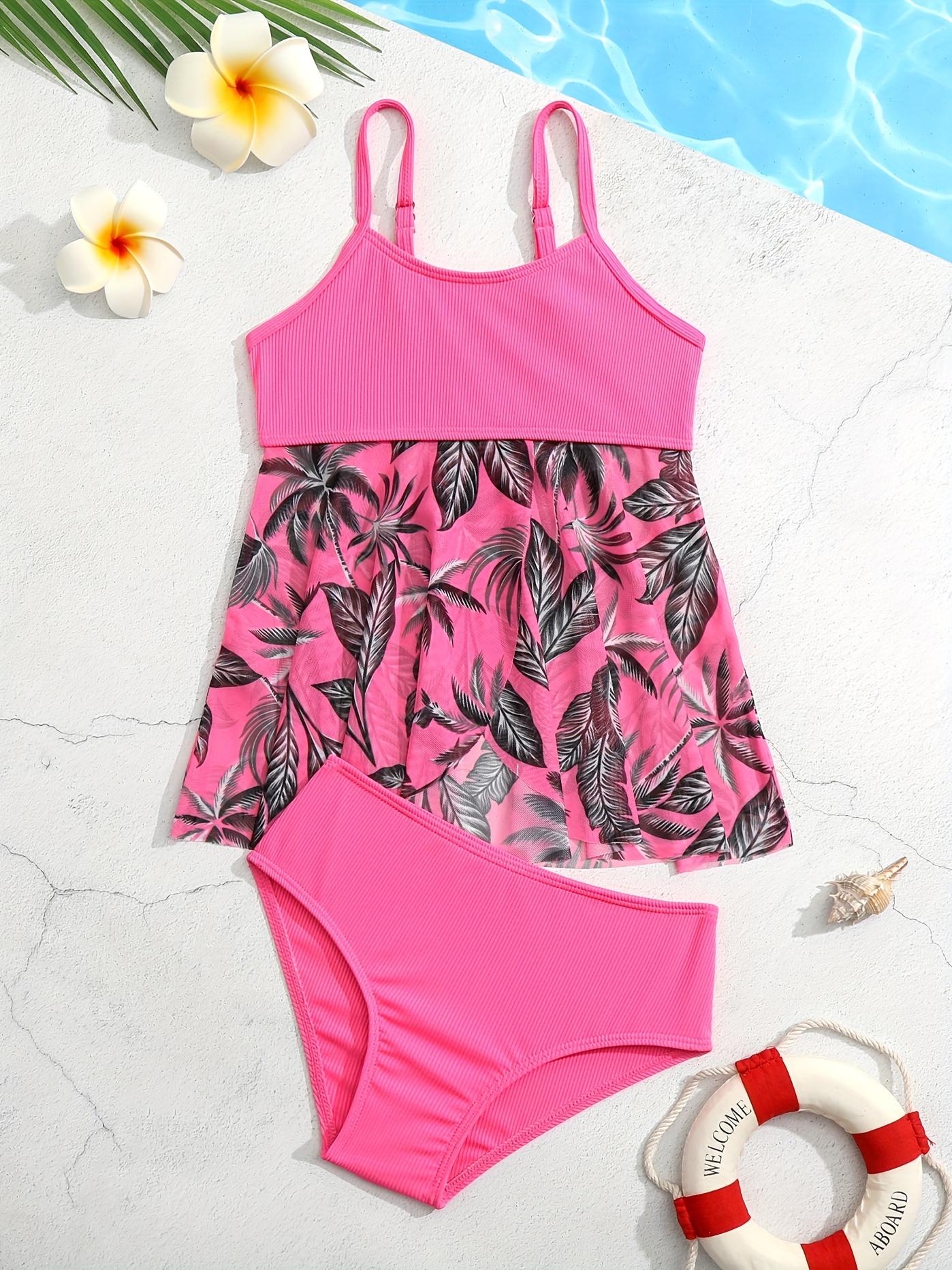 Girls Bikini Tankini Swimsuit Palm Tree Graphic Cami Top - Temu