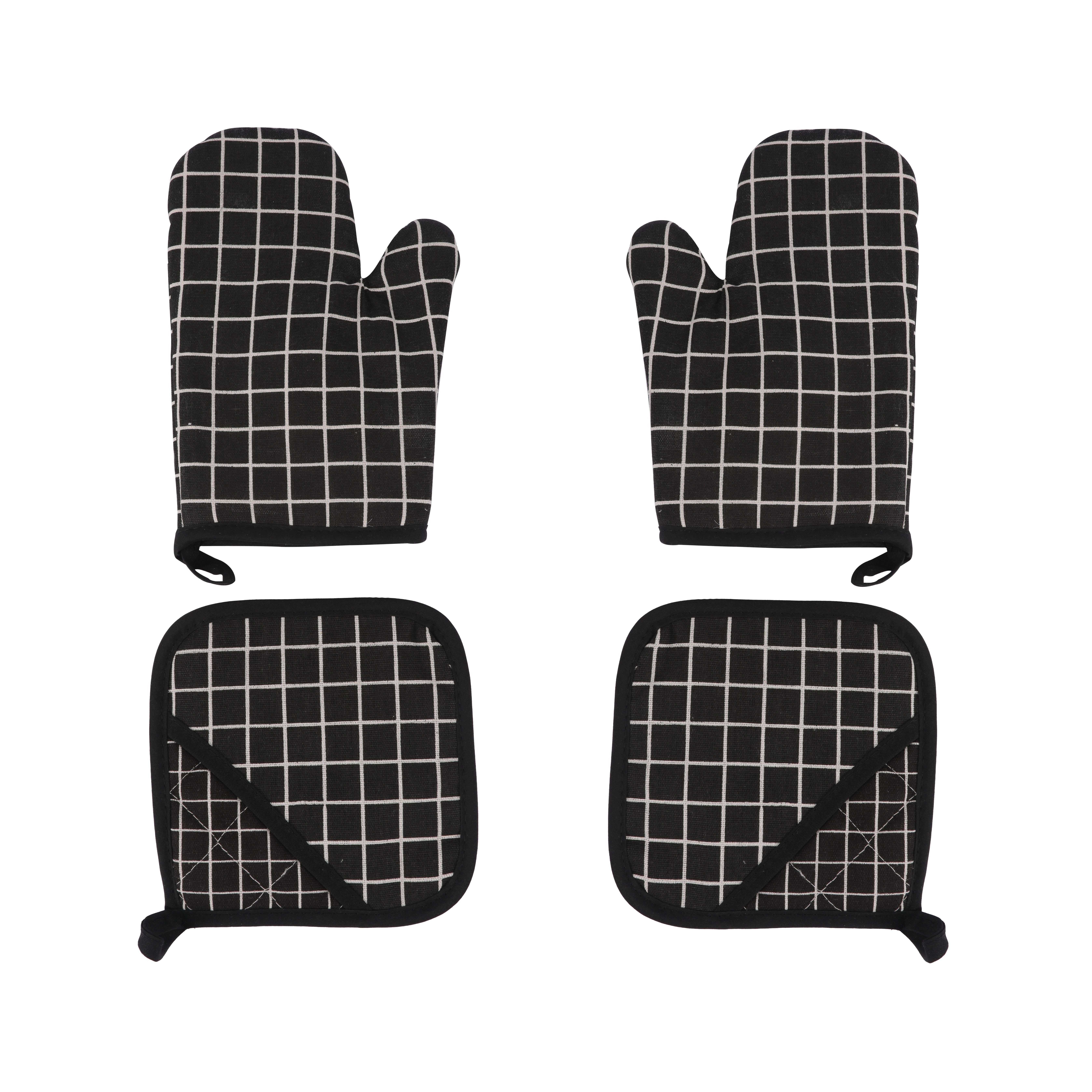 Oven Mitts And Pot Holders Set, Black Grid High Heat Resistant 500