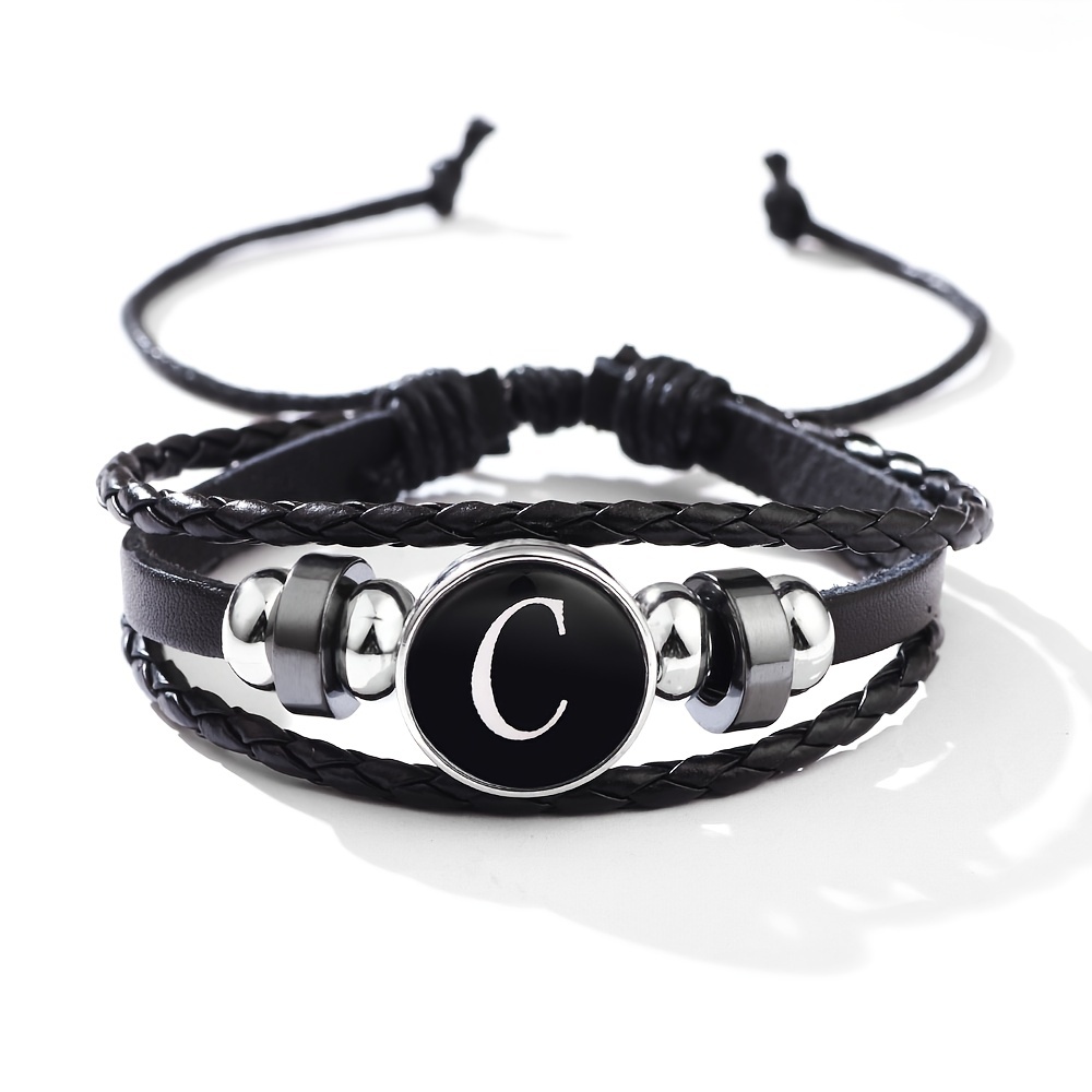 Classic European and American Style Minimalist Bracelet,  and Fashionable 26 English Letters Woven PU Leather Black Onyx Bracelet Jewelry