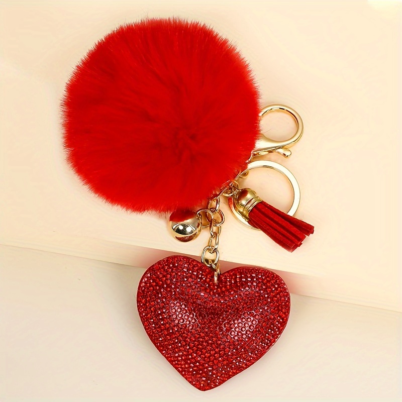 bling rhinestone heart keychain cute soft pom pom key chain ring purse bag backpack charm car hanging pendant women girls gift red 12